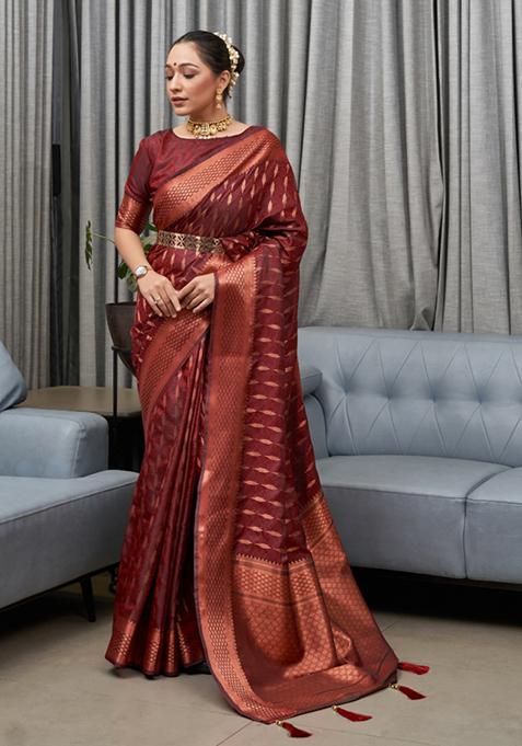 Maroon Zari Woven Silk Saree Set