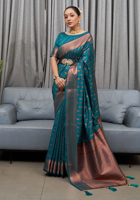 Light Blue Zari Woven Silk Saree Set