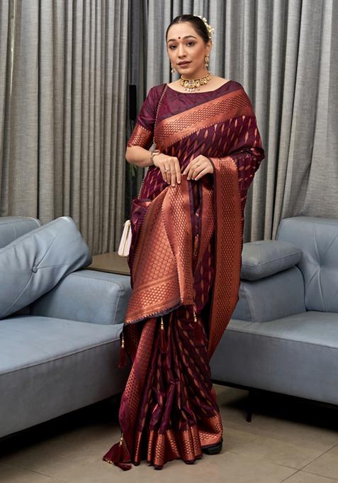 Wine Zari Woven Silk Saree Set