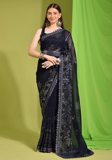 Navy Blue Embroidered Georgette Saree Set