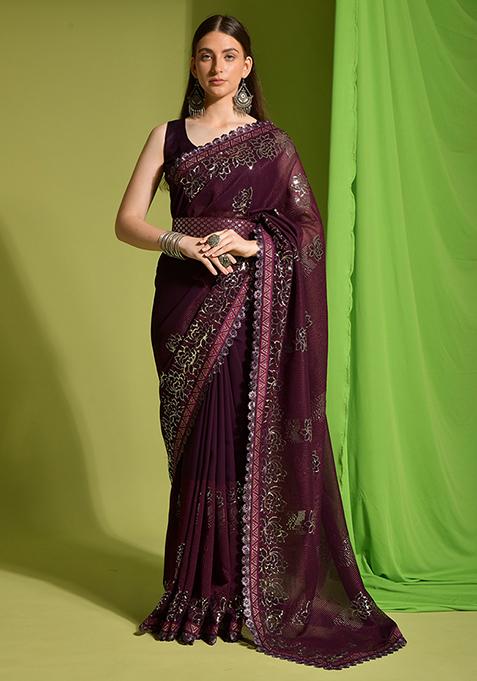 Wine Embroidered Georgette Saree Set