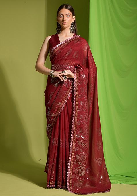 Red Embroidered Georgette Saree Set