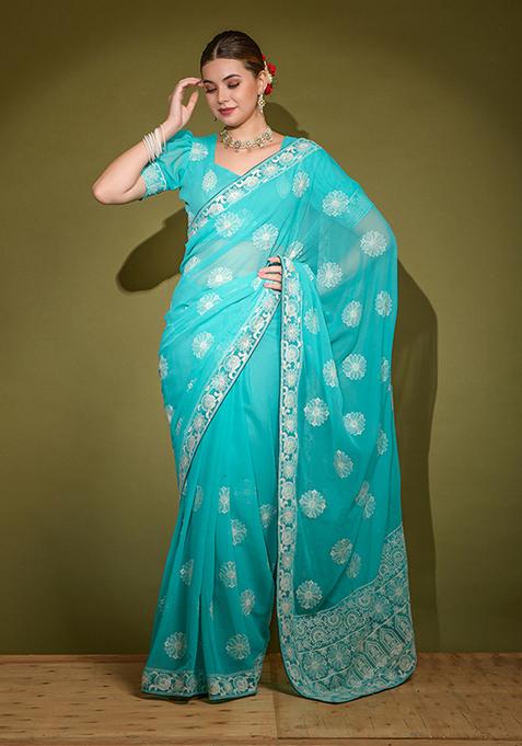 Turquoise Embroidered Georgette Saree Set