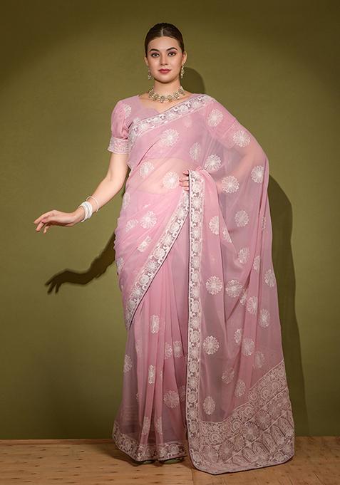 Light Pink Embroidered Georgette Saree Set