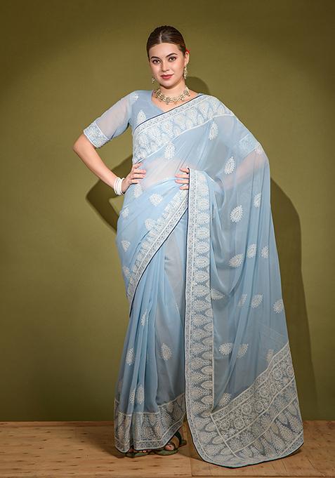 Sky Blue Embroidered Georgette Saree Set