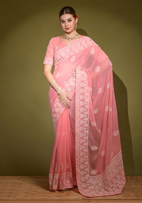 Peach Embroidered Georgette Saree Set