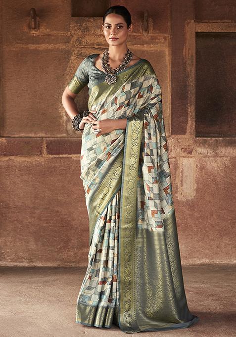 Slate Grey Printed Art Silk Saree Set