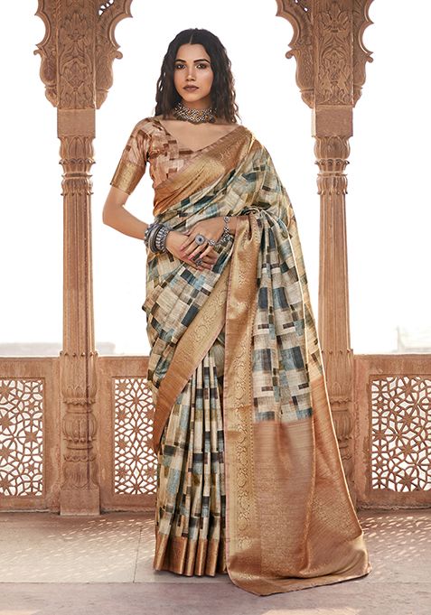 Light Brown Printed Art Silk Saree Set