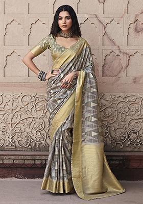Grey Printed Art Silk Saree Set