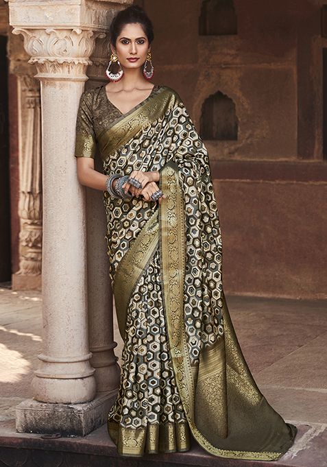 Coffee Brown Printed Art Silk Saree Set