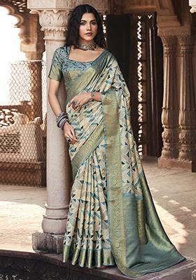 Light Blue Printed Art Silk Saree Set