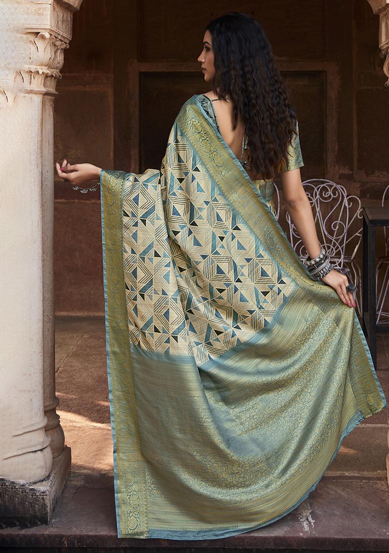 Light Blue Printed Art Silk Saree Set
