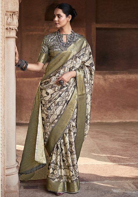 Light Grey Printed Art Silk Saree Set