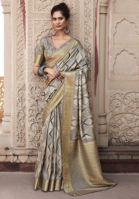 Beige Printed Art Silk Saree Set