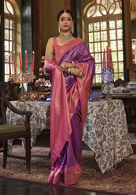 Purple Zari Woven Silk Saree Set