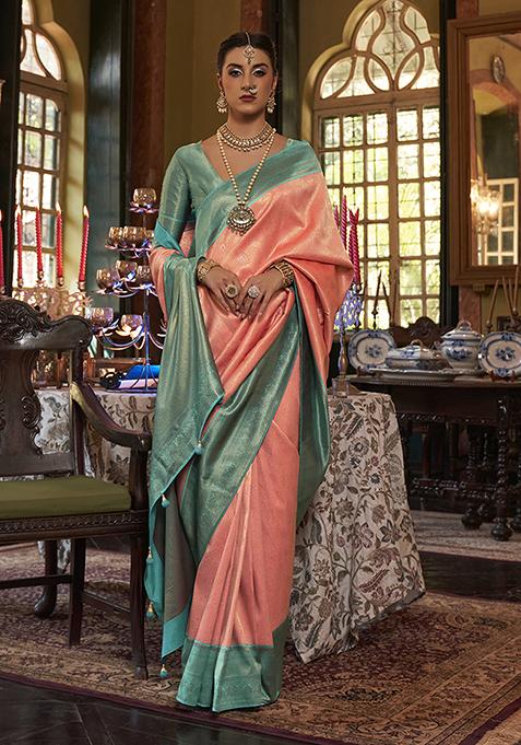 Light Pink Zari Woven Silk Saree Set