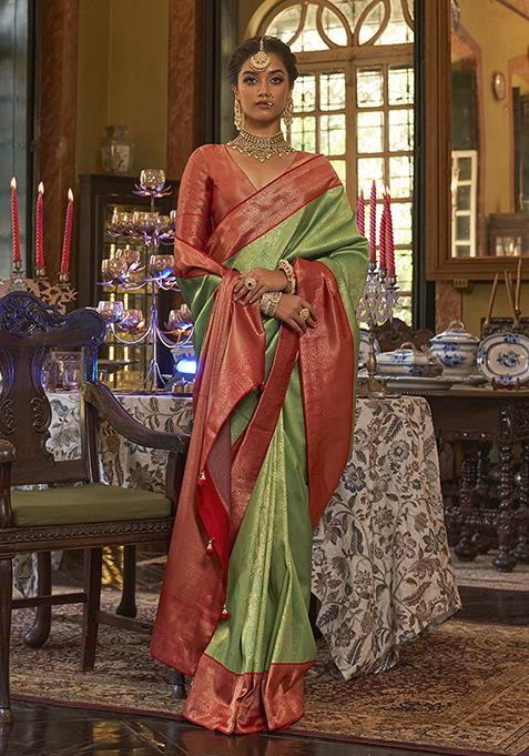 Light Green Zari Woven Silk Saree Set