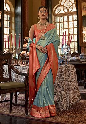 Light Blue Zari Woven Silk Saree Set