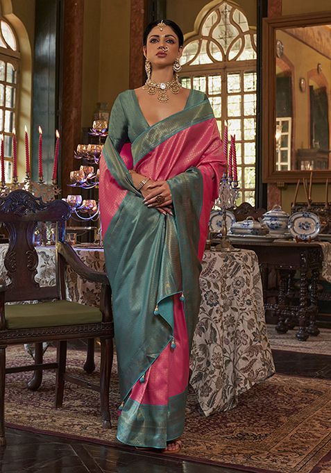 Pink Zari Woven Silk Saree Set