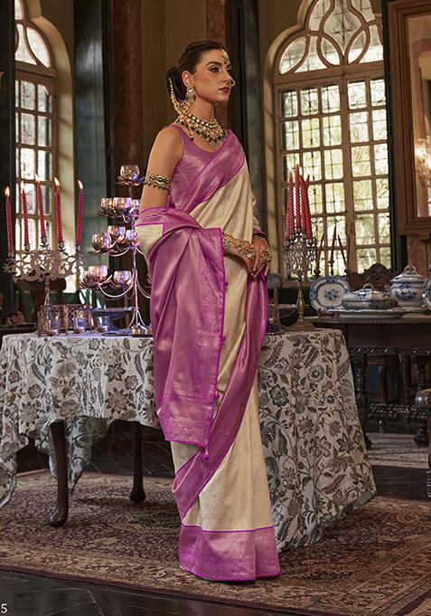 Cream Zari Woven Silk Saree Set