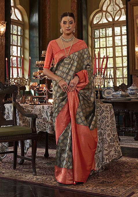 Black Zari Woven Silk Saree Set