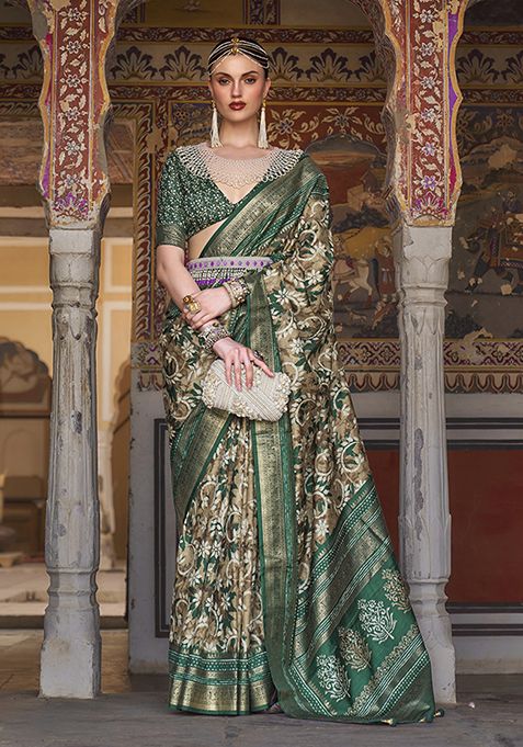 Dark Green Printed Silk Saree Set