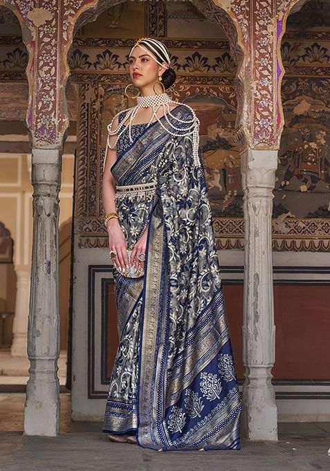 Navy Blue Printed Silk Saree Set