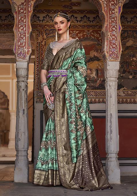 Green Printed Silk Saree Set