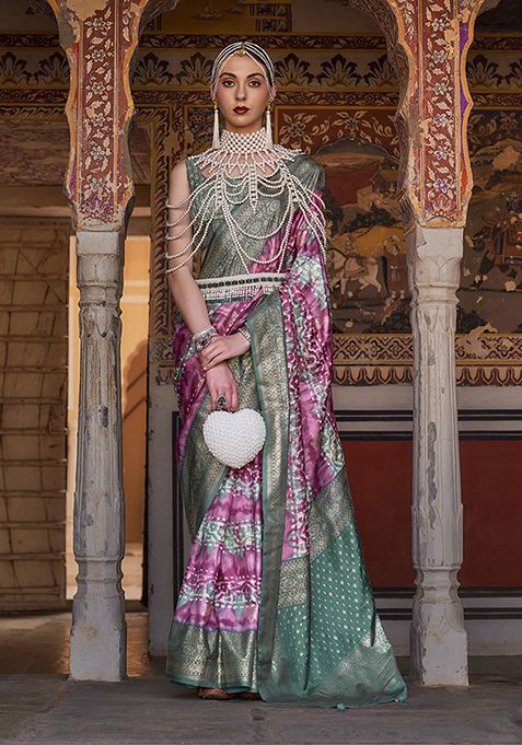 Dark Pink Printed Silk Saree Set