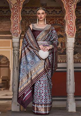 Cobalt Blue Printed Silk Saree Set