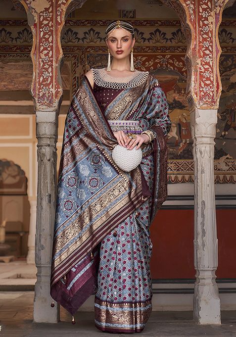 Cobalt Blue Printed Silk Saree Set