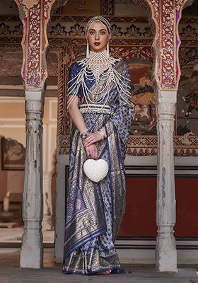 Blue Printed Silk Saree Set