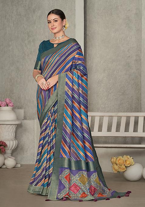 Multicolor Lehariya Print Tussar Silk Saree Set