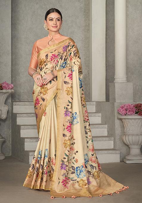 Beige Floral Print Tussar Silk Saree Set