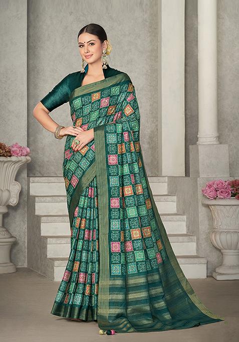 Dark Green Zari Woven Tussar Silk Saree Set