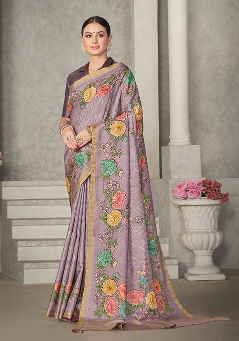 Mauve Floral Print Tussar Silk Saree Set