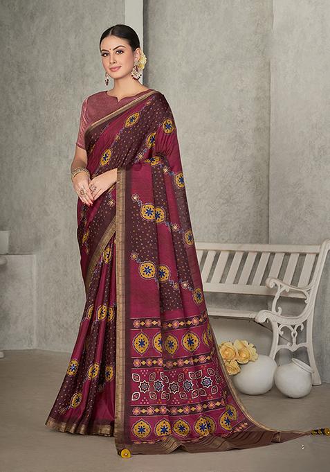 Wine Floral Print Tussar Silk Saree Set