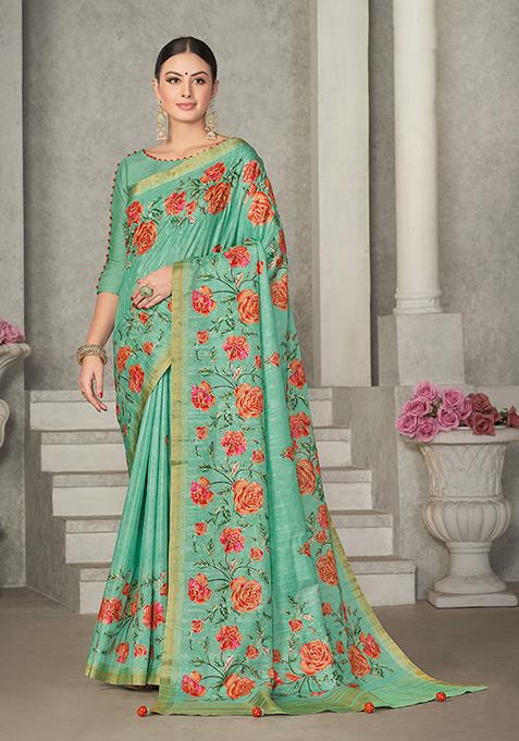 Sea Green Floral Print Tussar Silk Saree Set