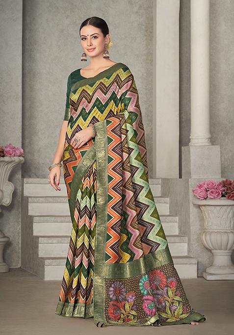 Multicolor Lehariya Print Tussar Silk Saree Set