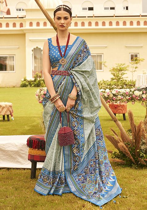 Grey Patola Print Silk Saree Set