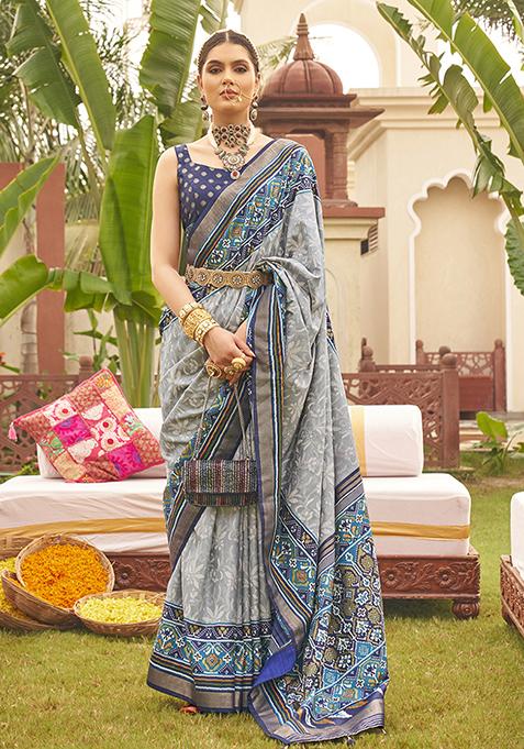 Dark Grey Patola Print Silk Saree Set