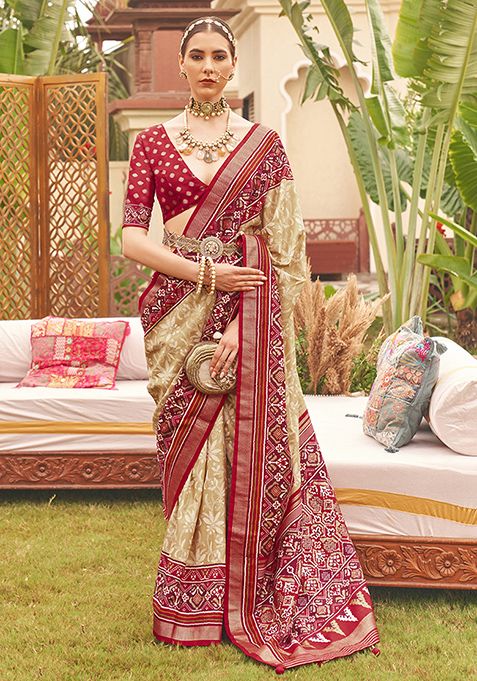 Chiku Brown Patola Print Silk Saree Set