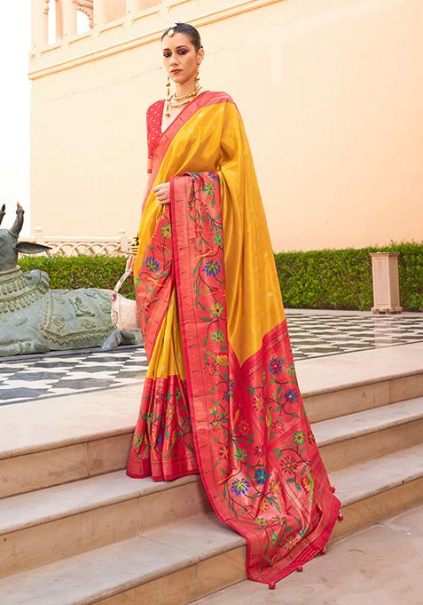 Mustard Paithani Print Silk Saree Set