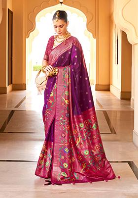 Purple Paithani Print Silk Saree Set