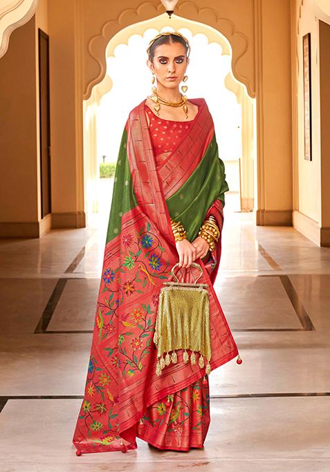 Mehendi Paithani Print Silk Saree Set