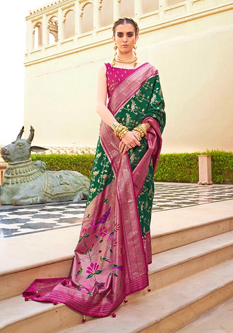 Dark Green Paithani Print Silk Saree Set