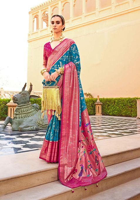 Blue Paithani Print Silk Saree Set