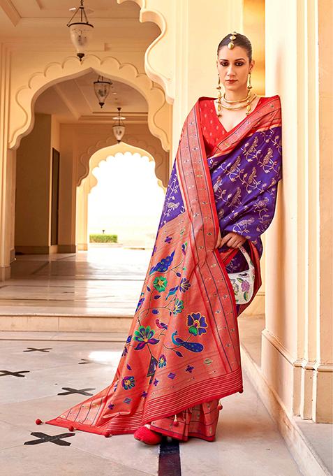 Violet Paithani Print Silk Saree Set