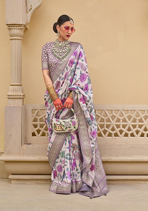 Off White Floral Print Silk Saree Set