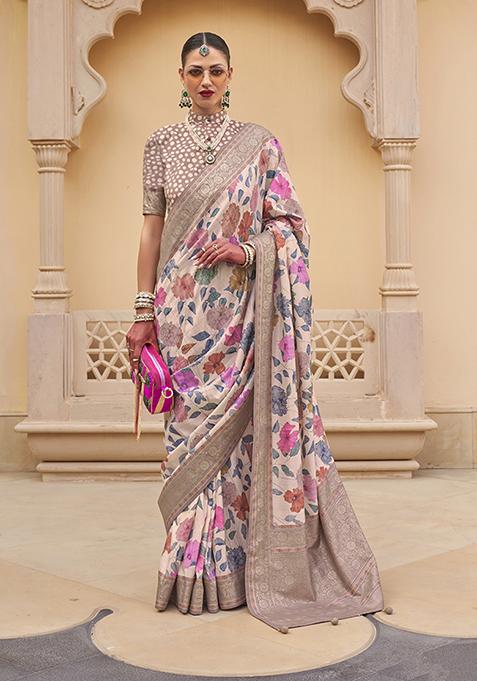 Off White Floral Print Silk Saree Set